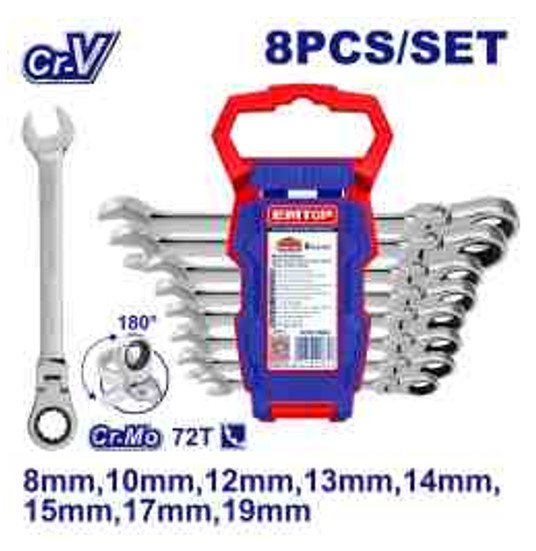 Complete 8 Piece Flexible Cr-V Ratchet Spanner Set 8-19mm Size Range - Professional Mechanic Ratchet Tool Set 72T High Quality Fine Polished Chrome Finish Storage Hanger